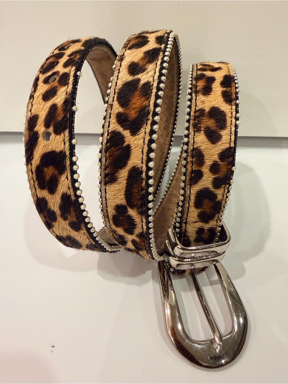 Amiee Lynn Leopard Hair-On Genuine Leather Studded Belt Large